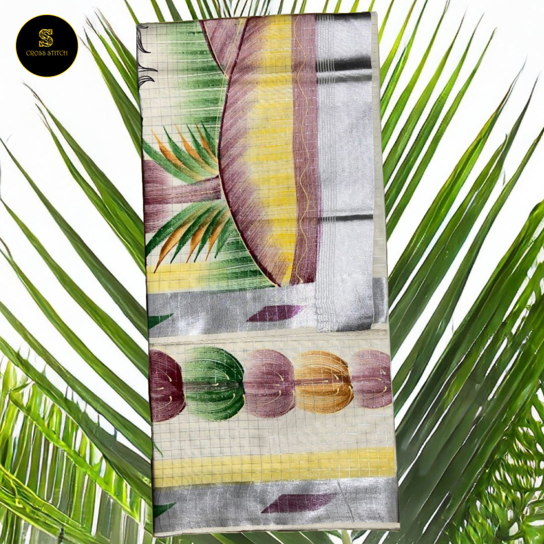 Sarees - Traditional Kerala kasavu cotton saree with brush paint concept - Silver Zari