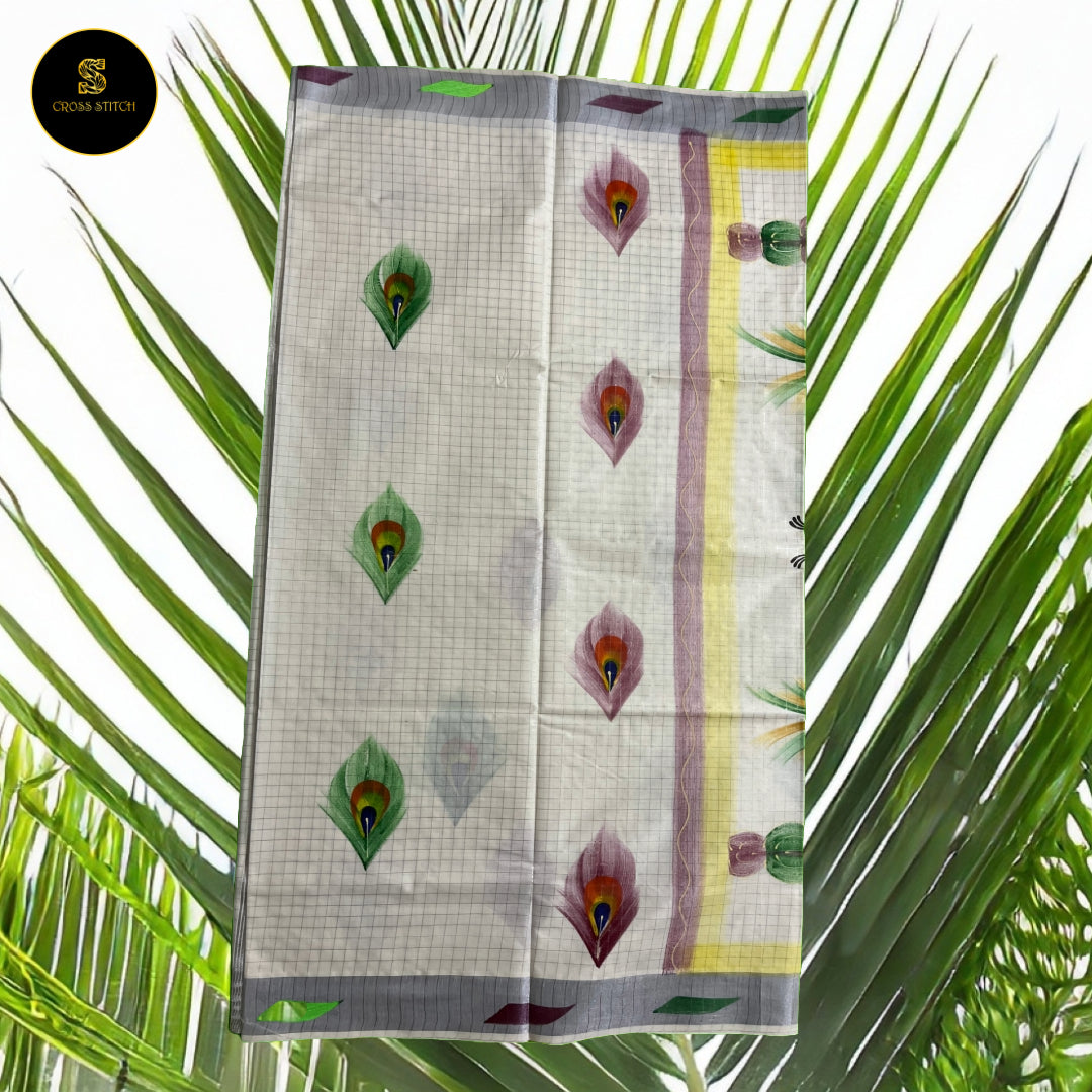 Sarees - Traditional Kerala kasavu cotton saree with brush paint concept - Silver Zari
