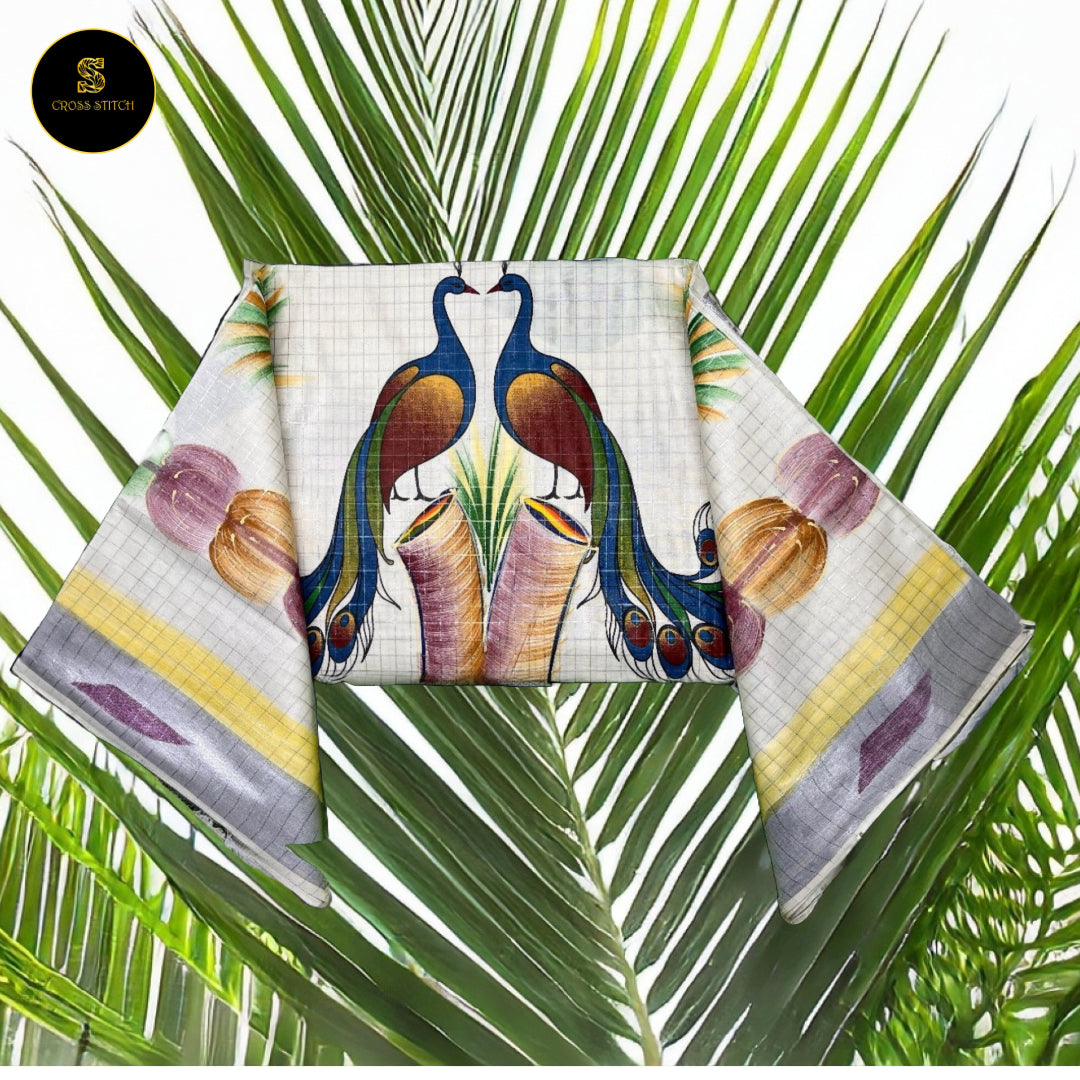 Sarees - Traditional Kerala kasavu cotton saree with brush paint concept - Silver Zari