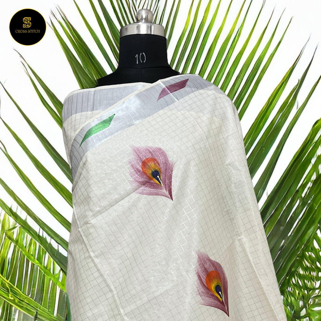 Sarees - Traditional Kerala kasavu cotton saree with brush paint concept - Silver Zari