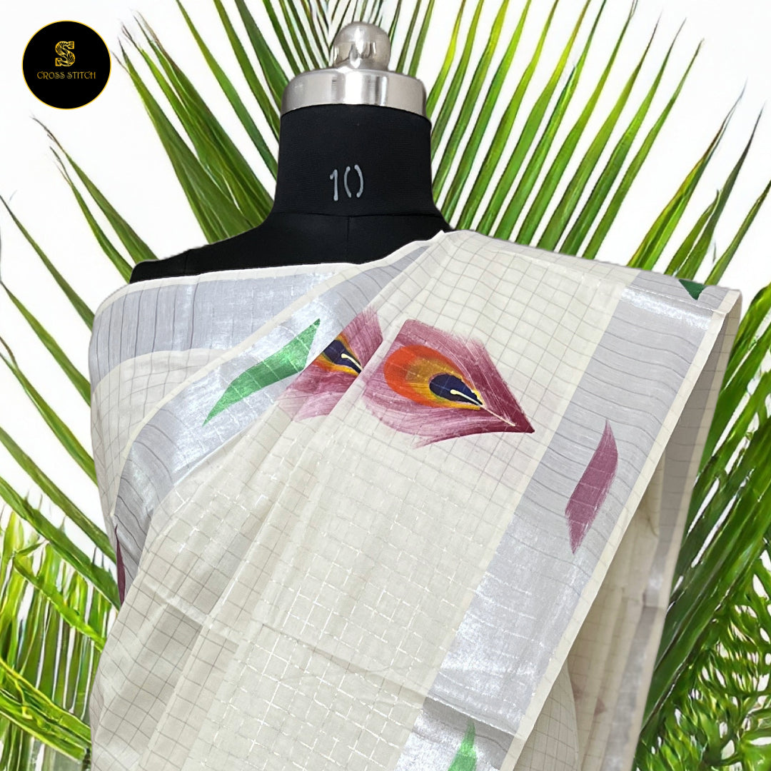 Sarees - Traditional Kerala kasavu cotton saree with brush paint concept - Silver Zari