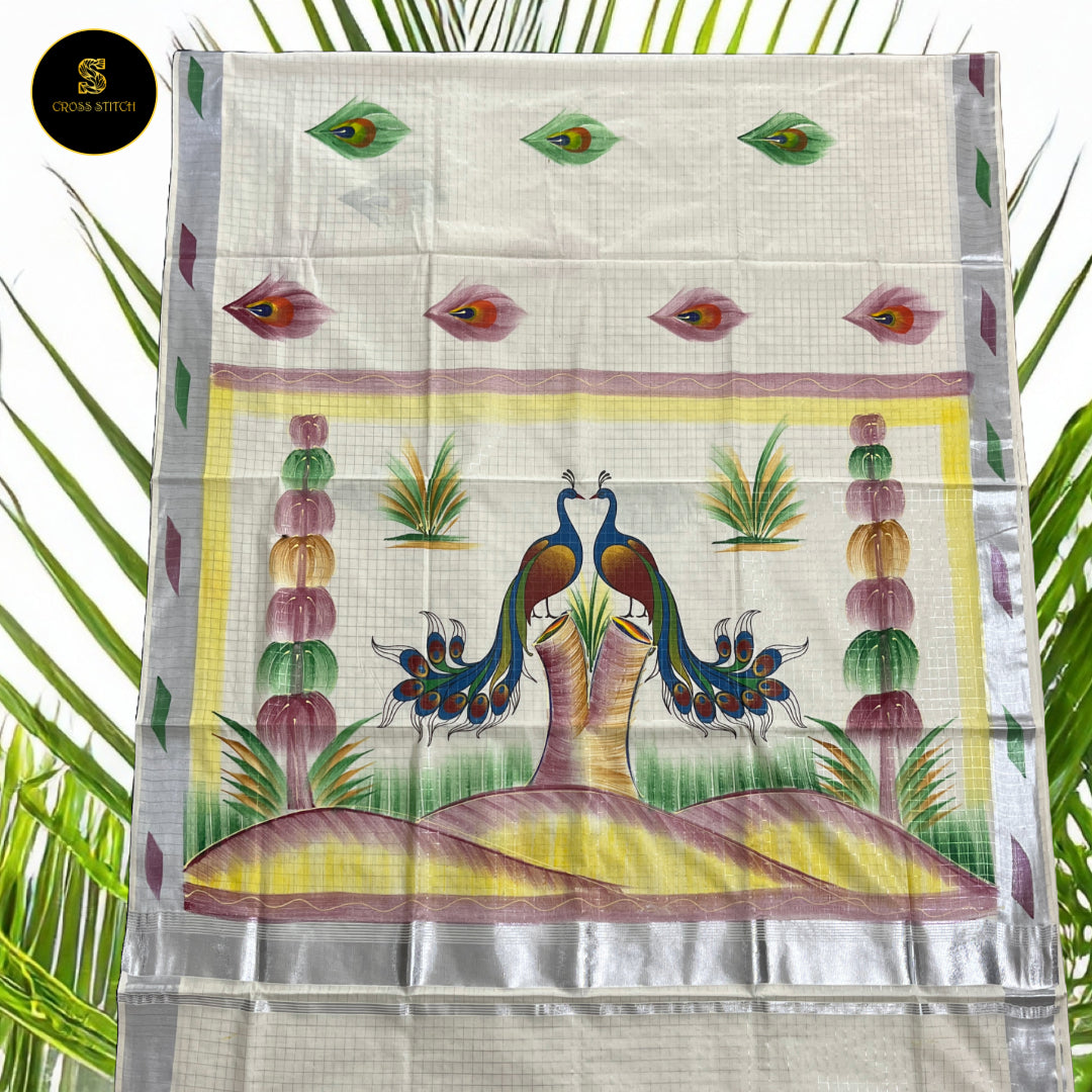 Sarees - Traditional Kerala kasavu cotton saree with brush paint concept - Silver Zari
