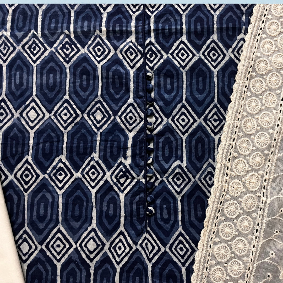 Indigo printed cotton unstitched salwar suit