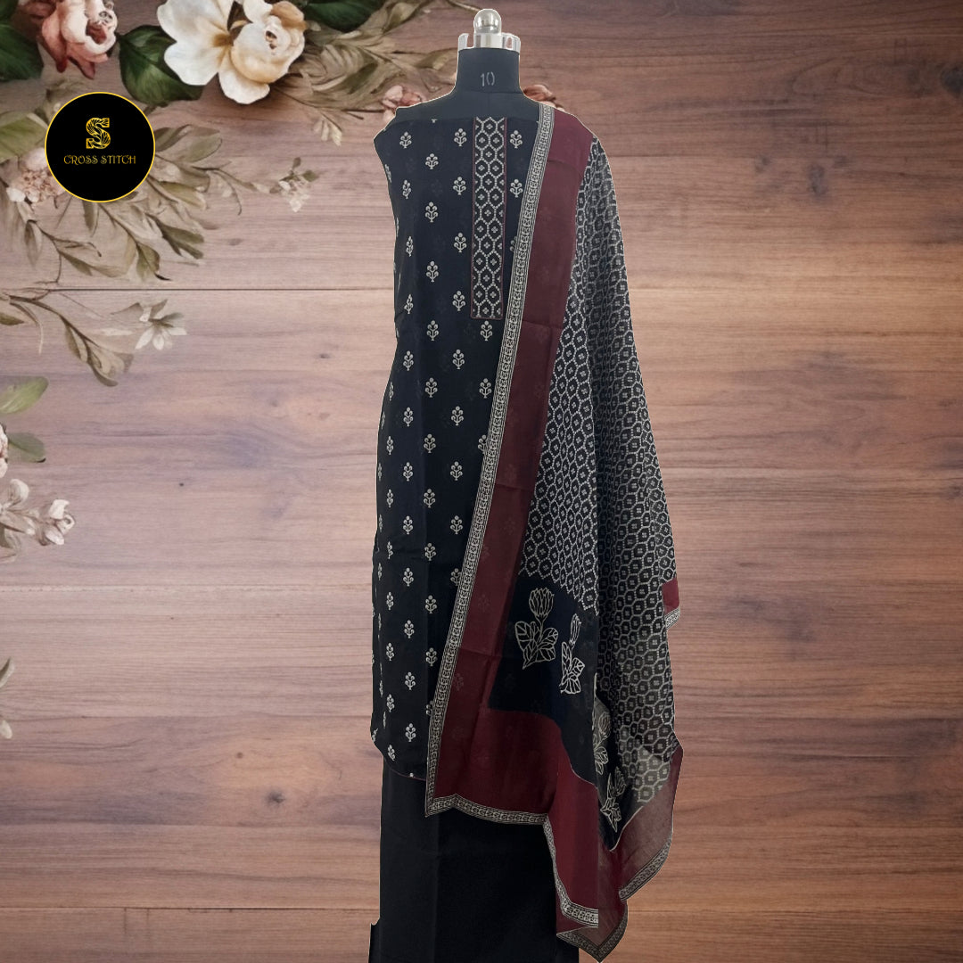 Black Chanderi Cotton Silk unstitched salwar suit