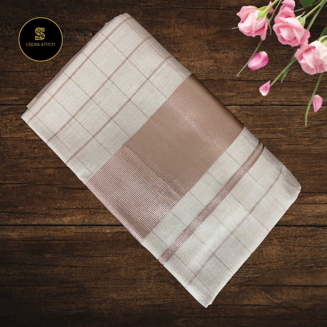 Traditional kerala kasavu tissue set mundu - Copper Gold (Checks )