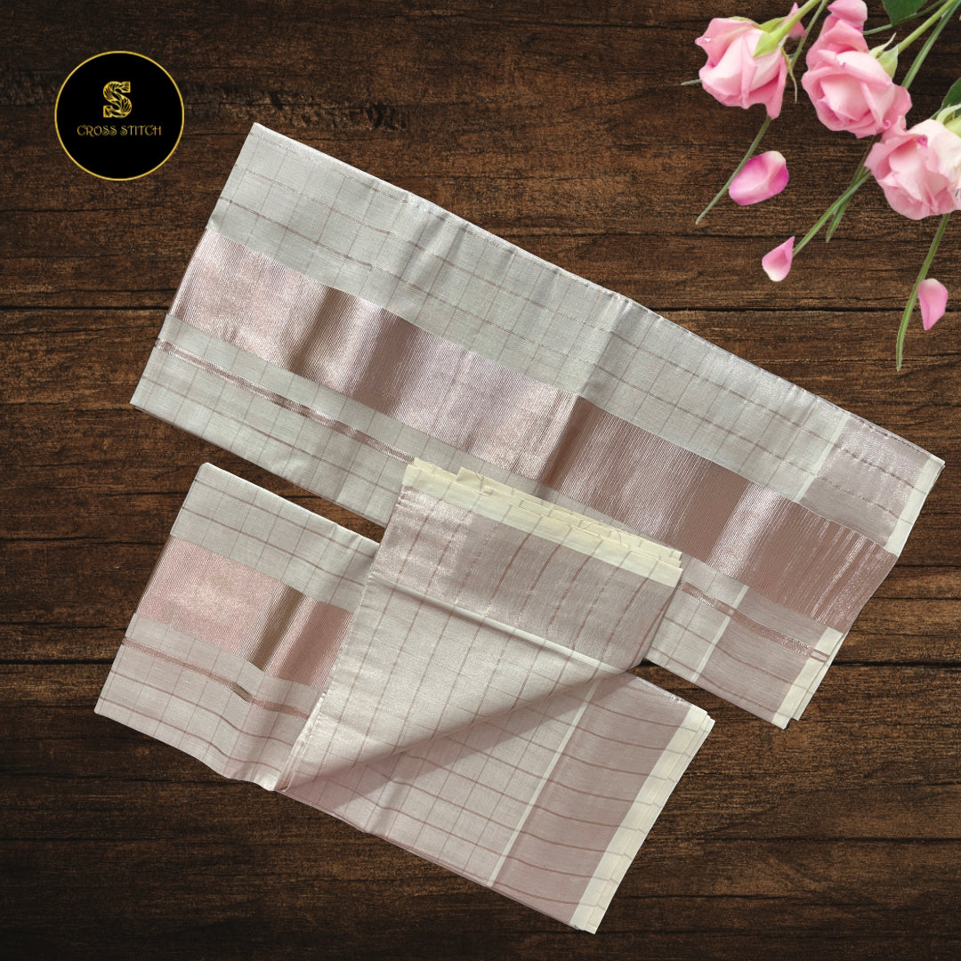 Traditional kerala kasavu tissue set mundu - Copper Gold (Checks )