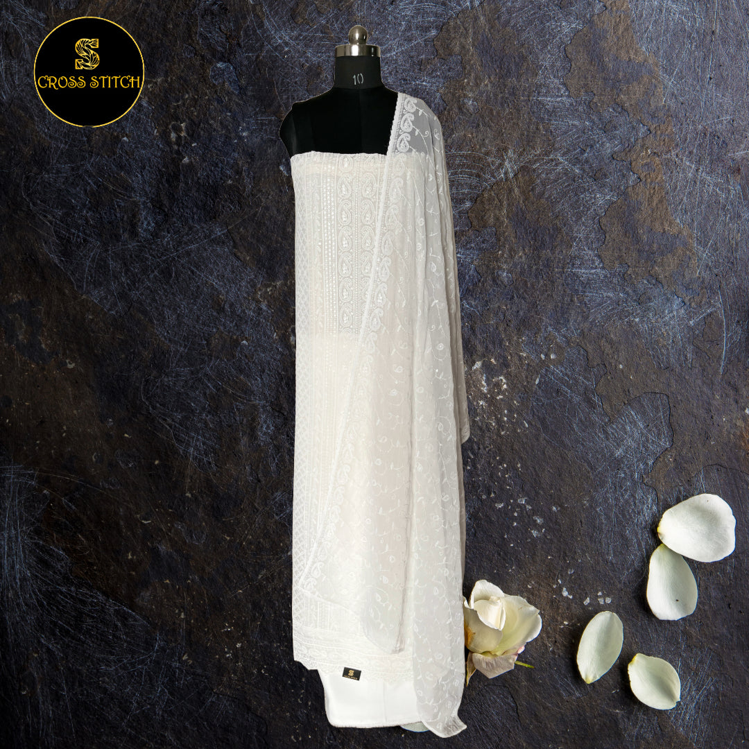 WHITE GEORGETTE CHIKANKARI UNSTITCHED SALWAR SUIT