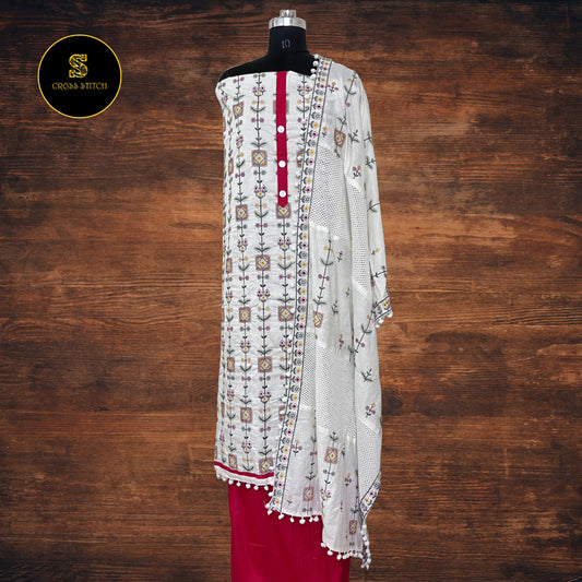 Off white Cotton unstitched salwar suit with Warli embroidery