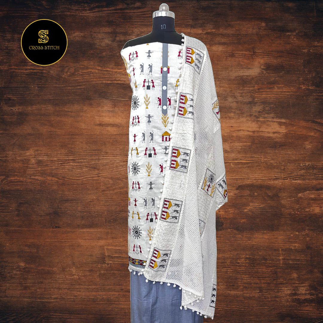 Off white Cotton unstitched salwar suit with Warli embroidery