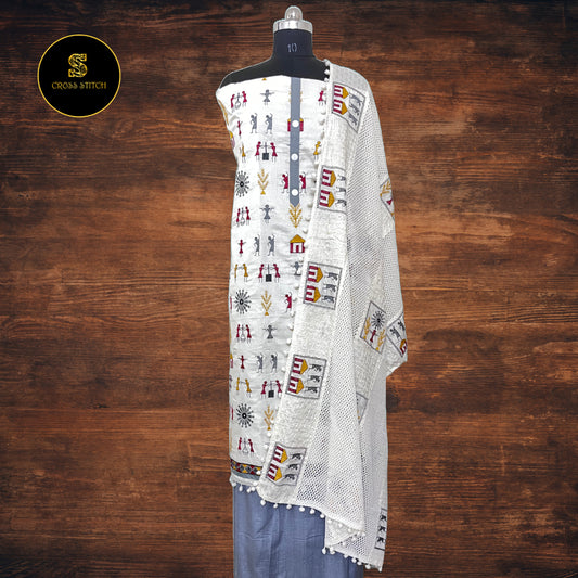 Off white Cotton unstitched salwar suit with Warli embroidery