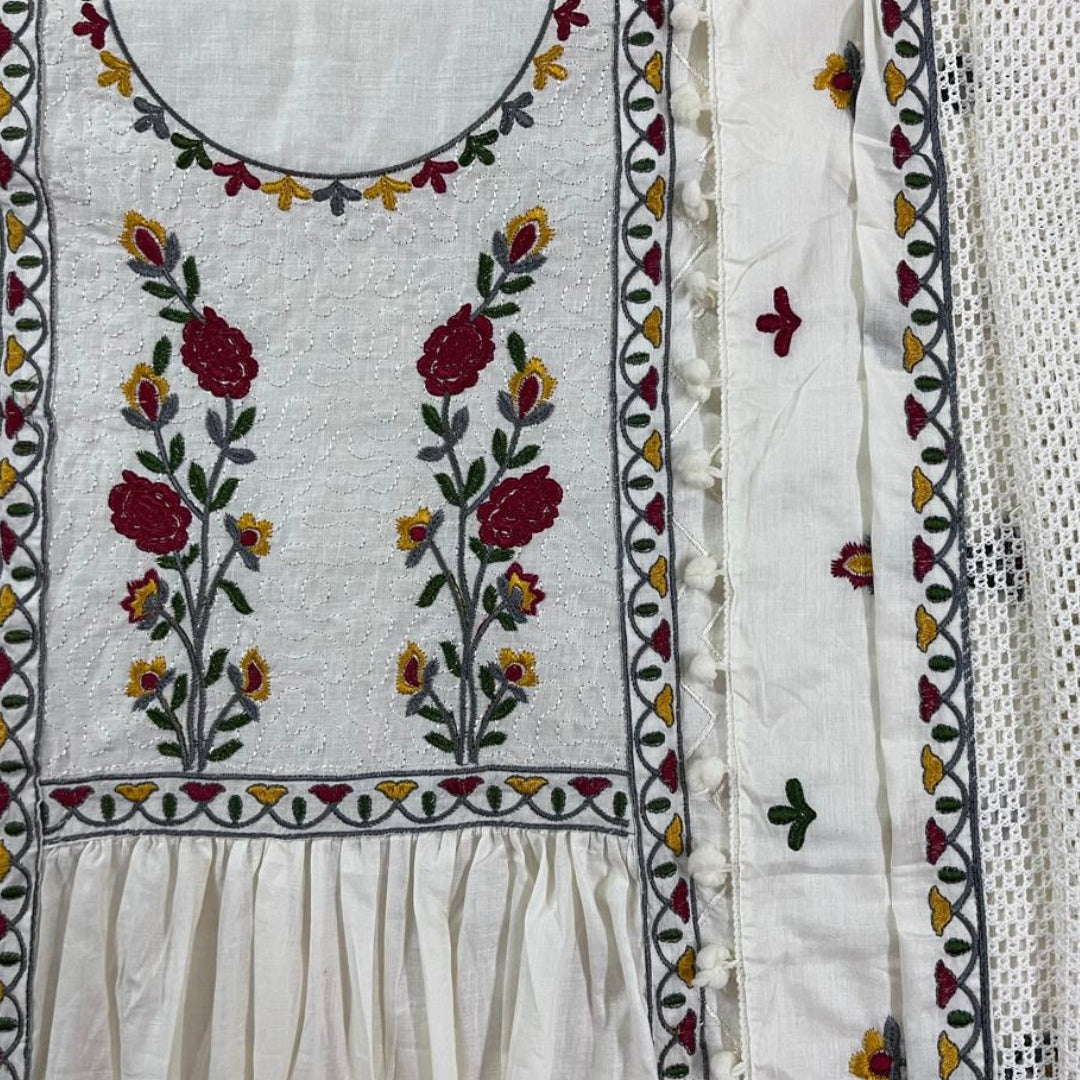 Off white Cotton unstitched salwar suit with floral embroidery