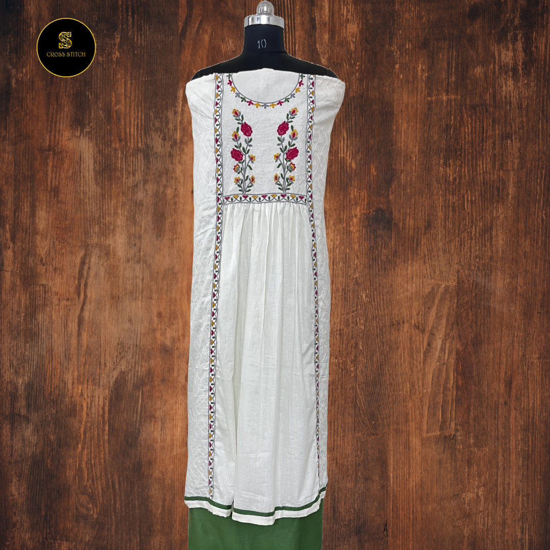 Off white Cotton unstitched salwar suit with floral embroidery