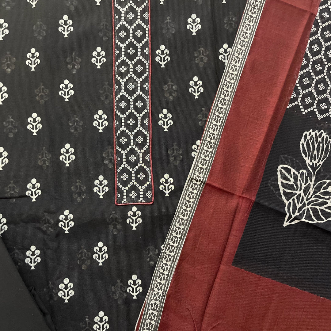 Black Chanderi Cotton Silk unstitched salwar suit