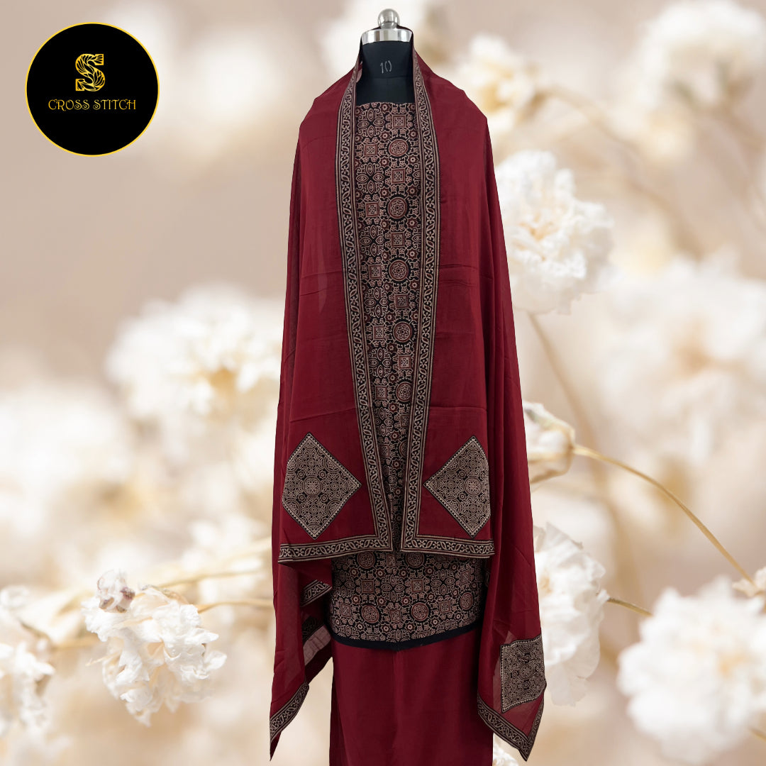 Ajrakh unstitched salwar suit with Mulmul Dupatta