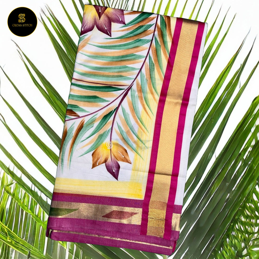 Sarees -Traditional Kerala kasavu  cotton saree with brush paint concept - Golden Zari