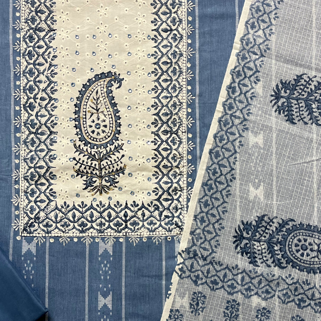 Blue cotton unstitched salwar suit