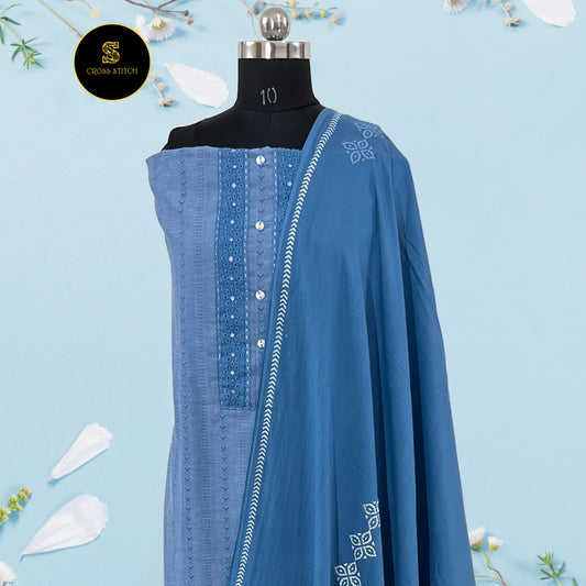 Blue cotton unstitched salwar suit