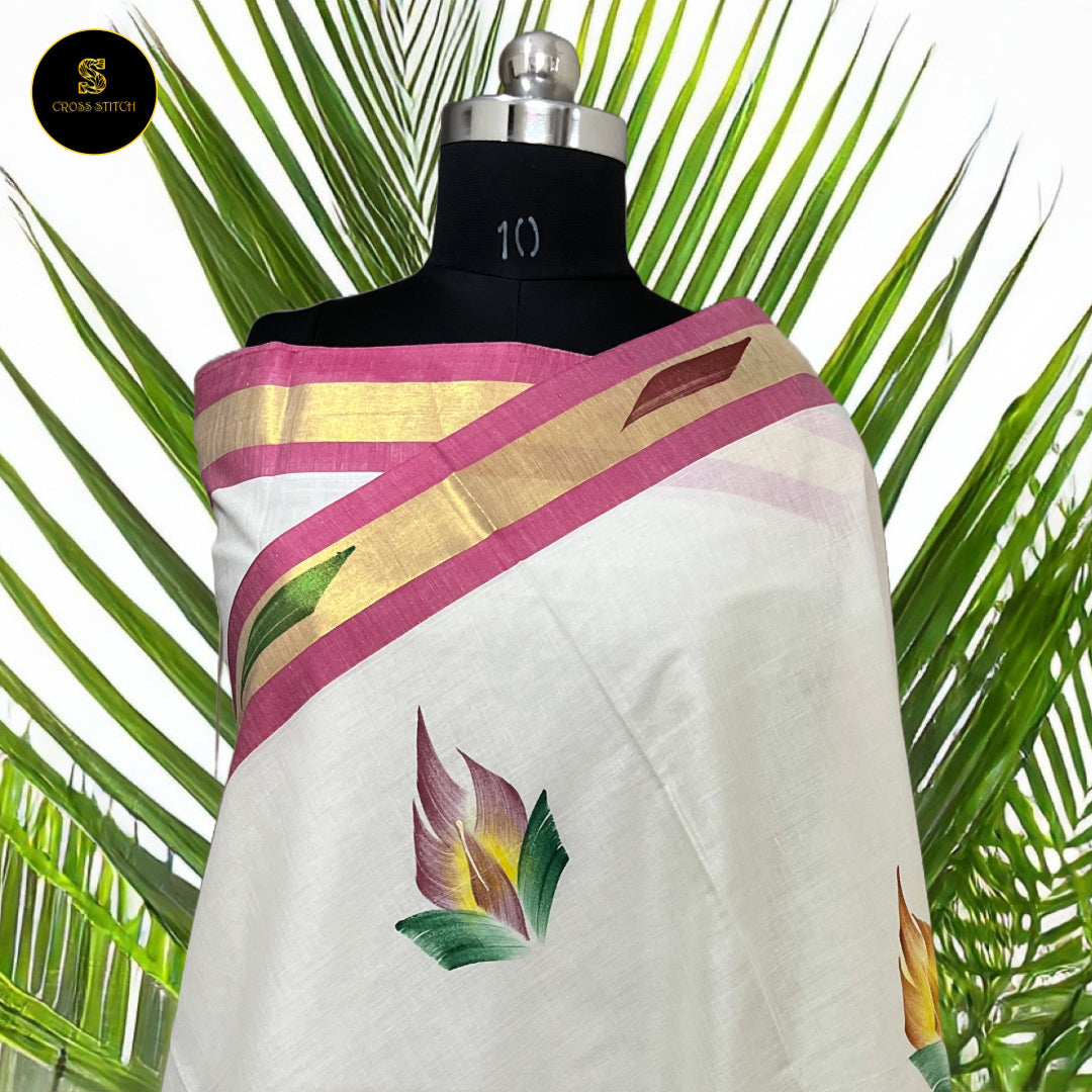 Sarees -Traditional Kerala kasavu  cotton saree with brush paint concept - Golden Zari