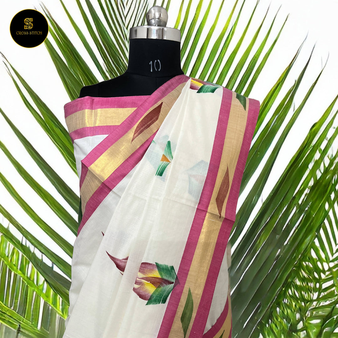 Sarees -Traditional Kerala kasavu  cotton saree with brush paint concept - Golden Zari