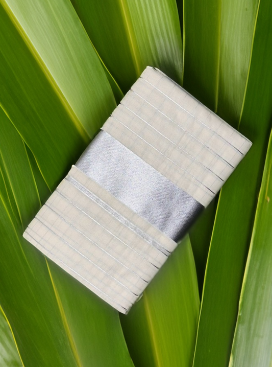 Traditional Kerala Kasavu Saree - Silver [Checks]