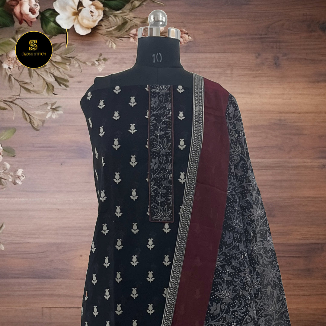 Black Chanderi Cotton Silk unstitched salwar suit