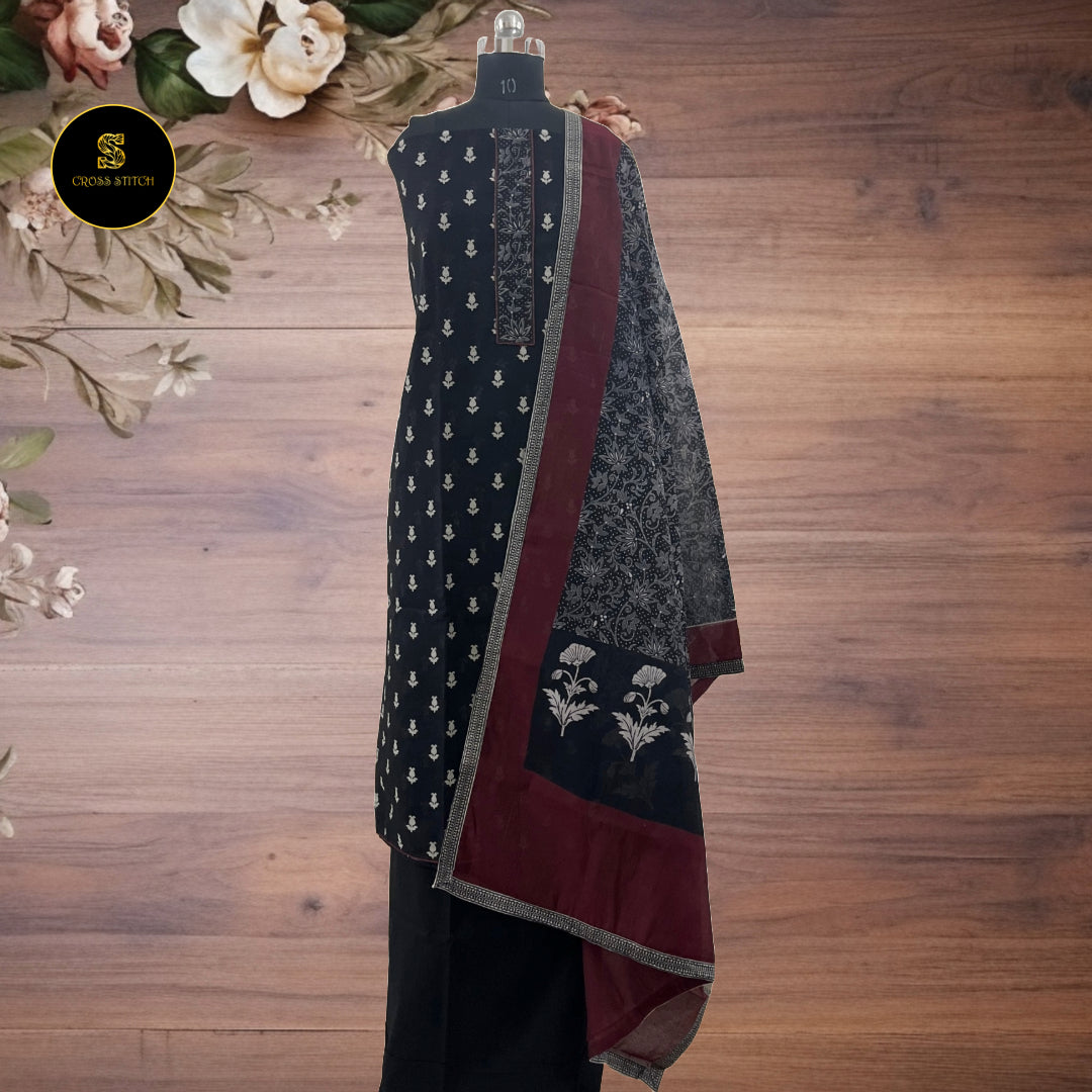 Black Chanderi Cotton Silk unstitched salwar suit