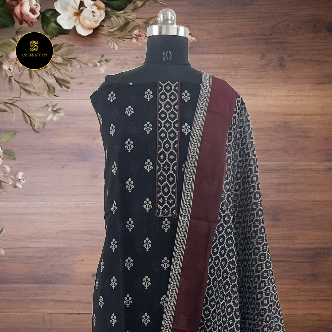 Black Chanderi Cotton Silk unstitched salwar suit