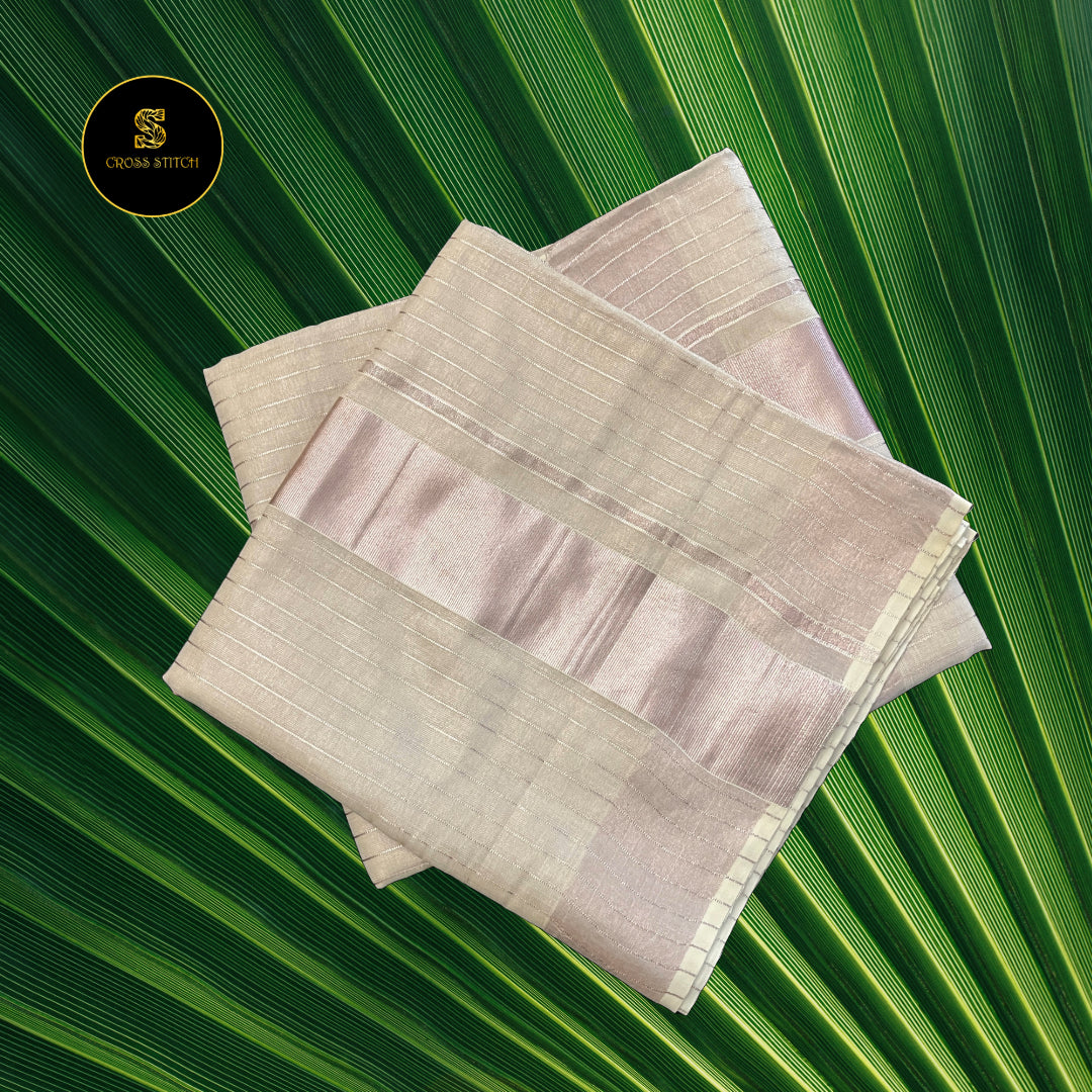 Traditional Kerala Kasavu Saree - Rose gold  [Lines]