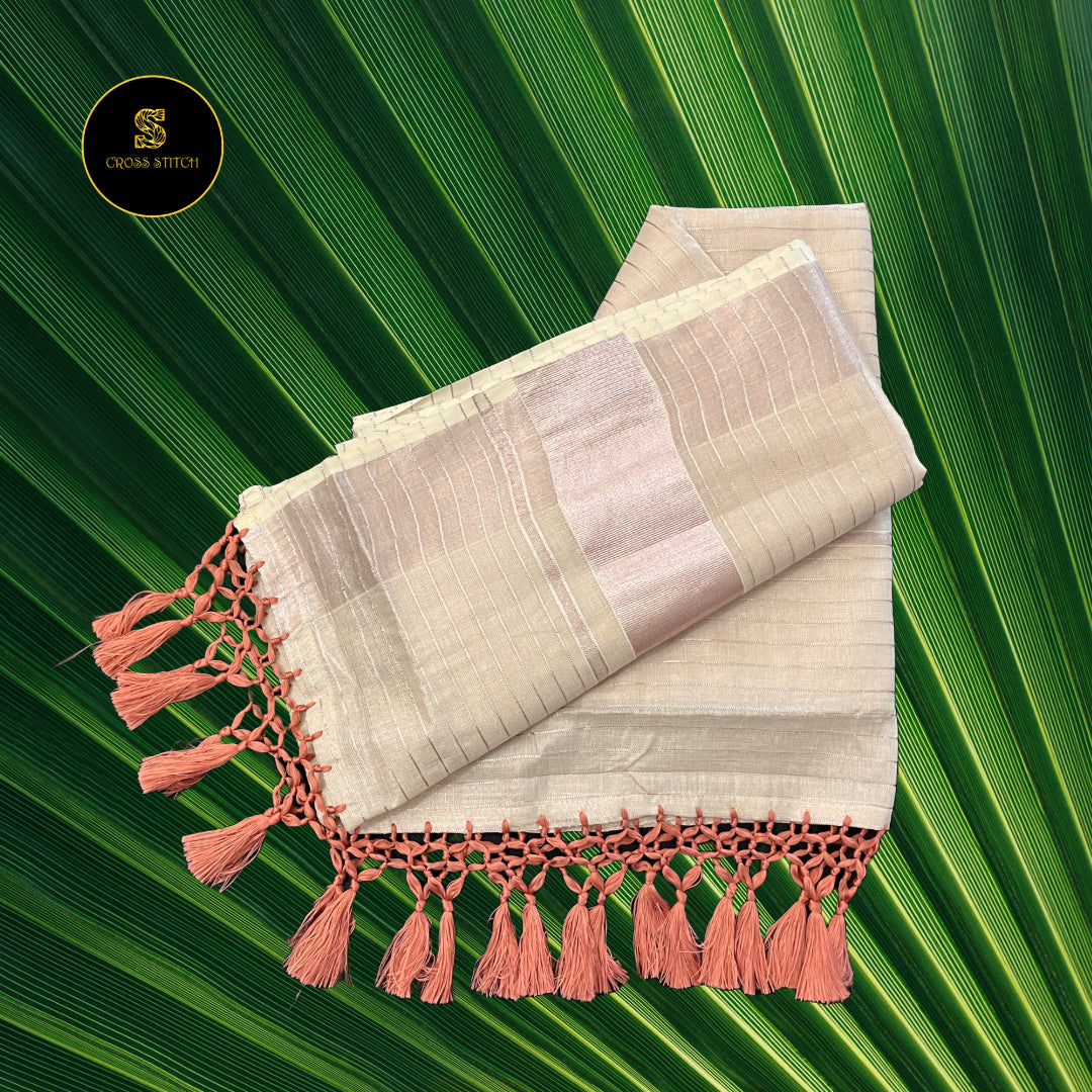 Traditional Kerala Kasavu Saree - Rose gold  [Lines]