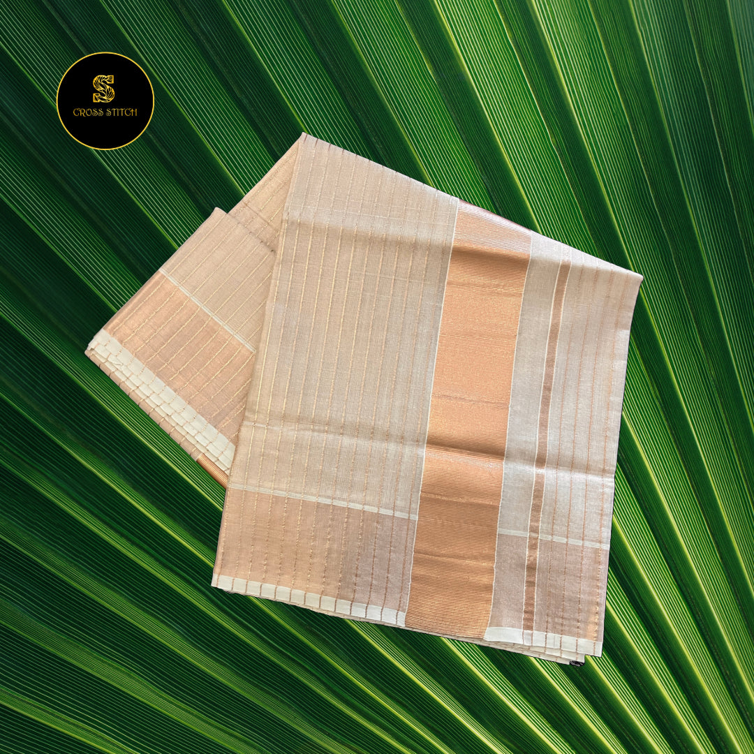 Traditional Kerala Kasavu Sarees -Copper Gold [Lines]