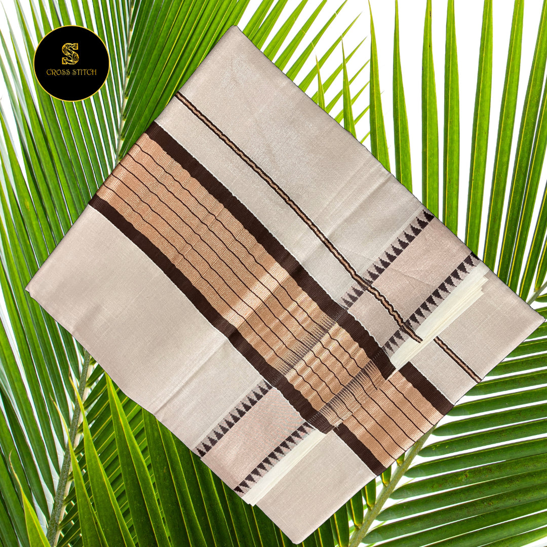 Traditional Kerala Tissue Kasavu Saree - Brown