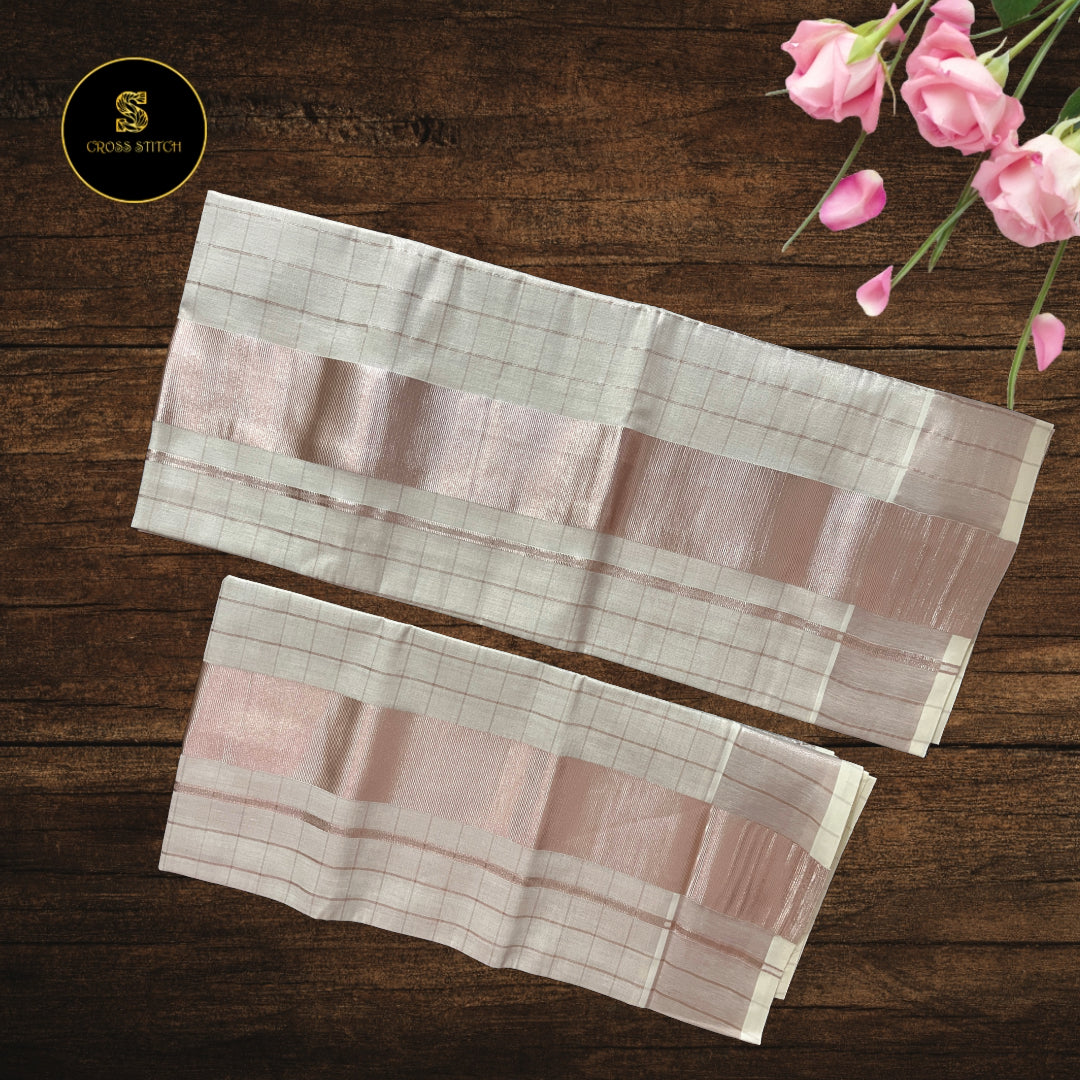 Traditional kerala  kasavu tissue set mundu - Copper Gold (Checks )