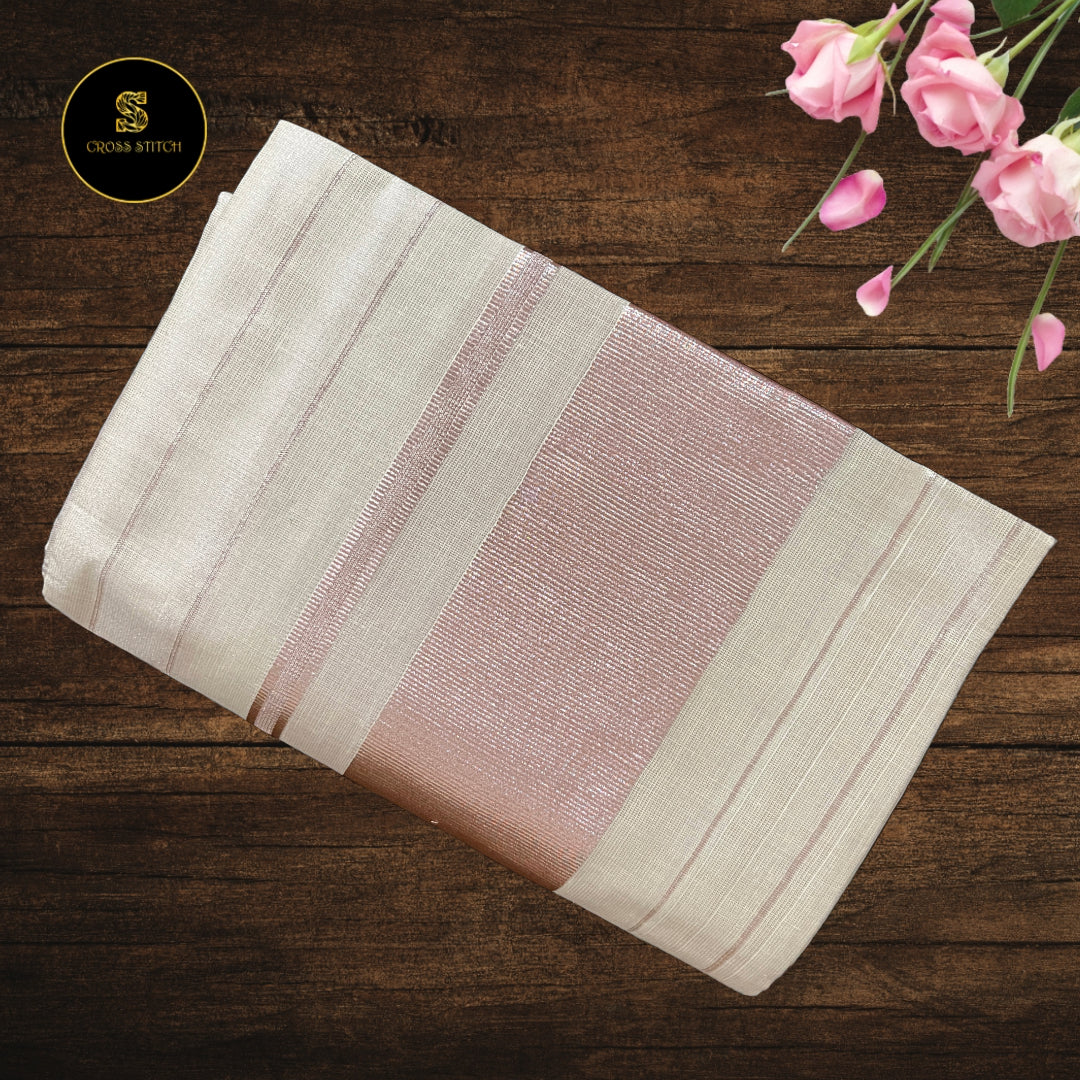 Traditional kerala kasavu tissue set mundu - Rose Gold [ Lines ]