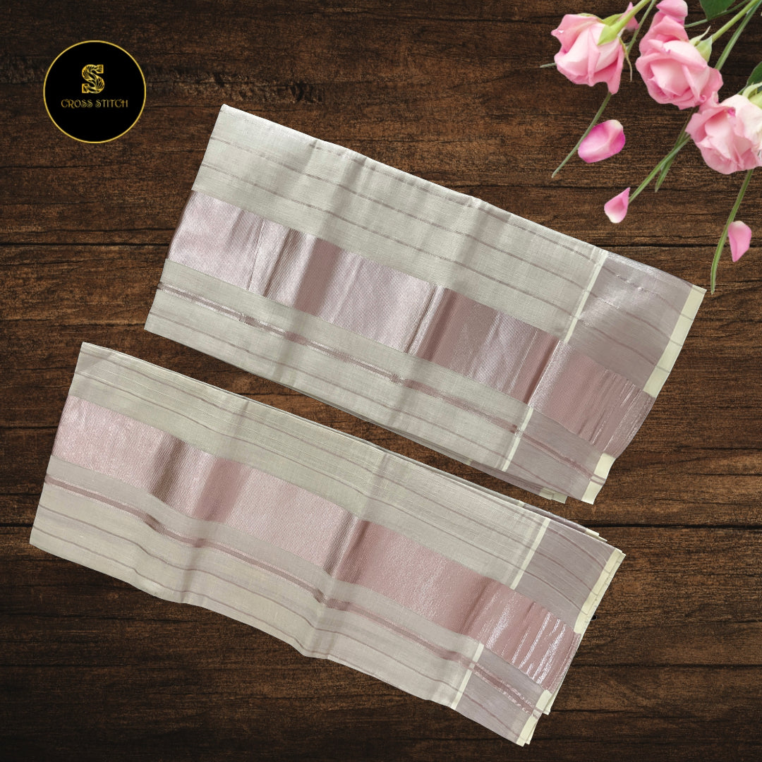 Traditional kerala kasavu tissue set mundu - Rose Gold [ Lines ]