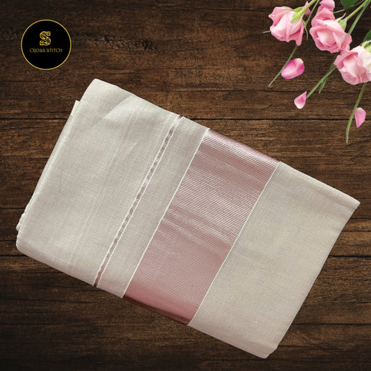 Traditional Kerala kasavu tissue set mundu - Rose Gold [ Plain ]