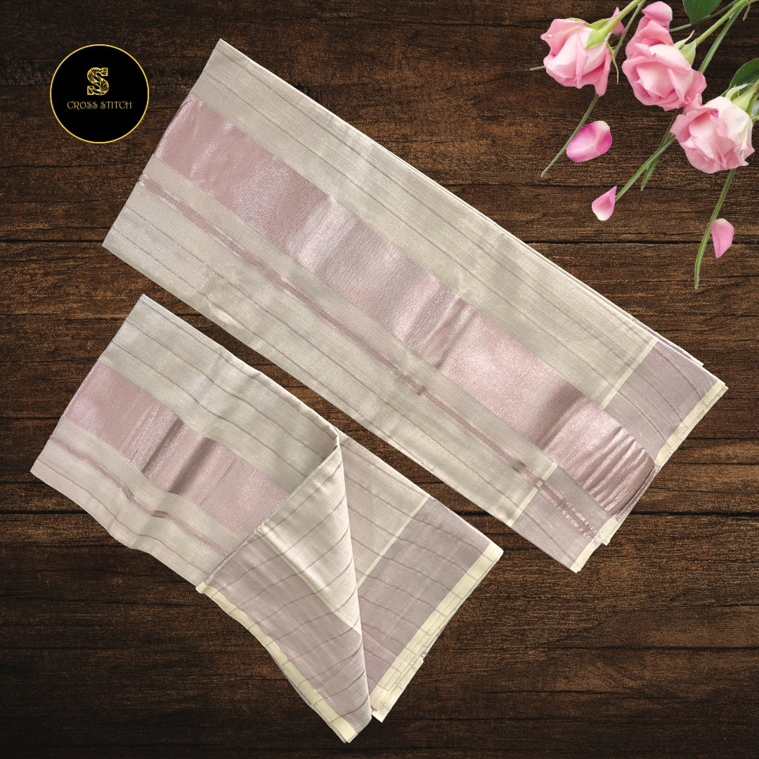 Traditional kerala kasavu tissue set mundu - Rose Gold [ Lines ]