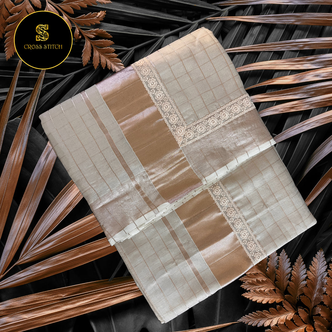 Traditional Kerala Kasavu Saree - Copper Gold Zari with Lace borders [Checks]