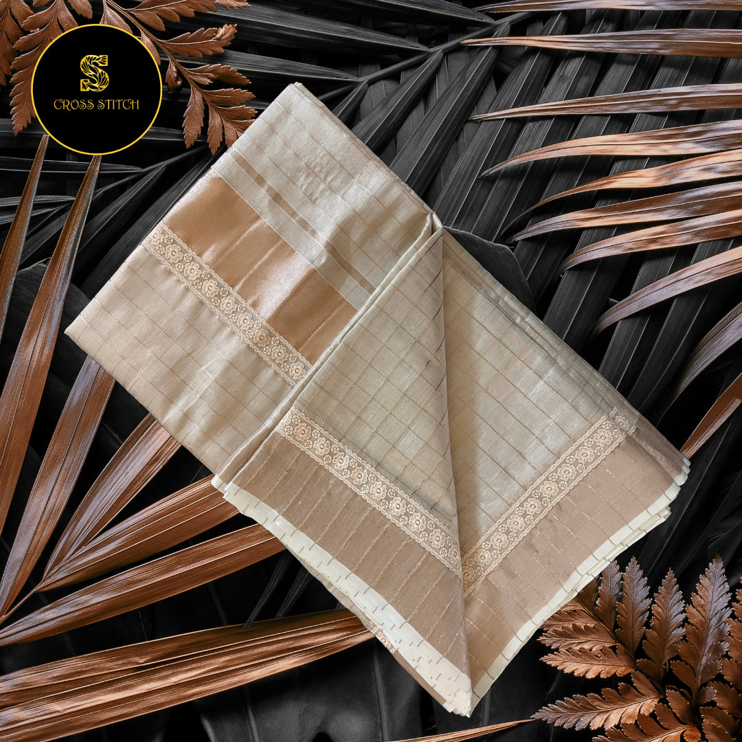 Traditional Kerala Kasavu Saree - Copper Gold Zari with Lace borders [Checks]