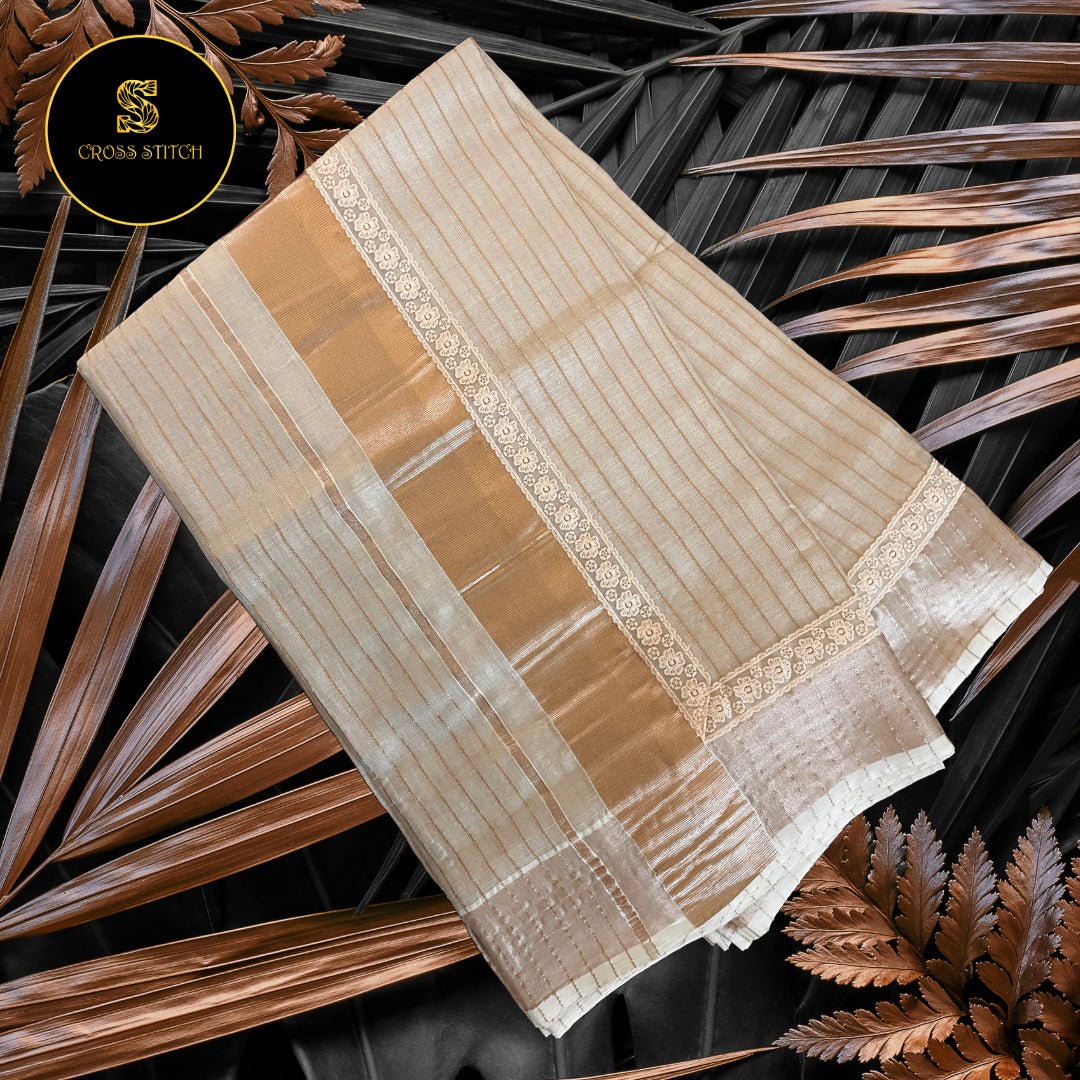 Traditional Kerala kasavu tissue sarees - Copper Gold with Lace borders and Tassels [ Lines ]