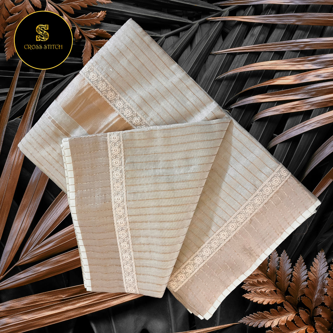 Traditional Kerala kasavu tissue sarees - Copper Gold with Lace borders and Tassels [ Lines ]