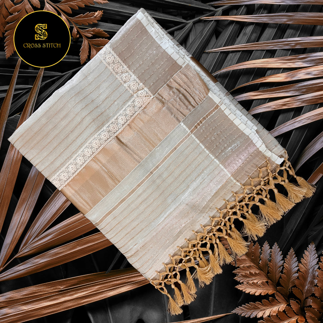 Traditional Kerala kasavu tissue sarees - Copper Gold with Lace borders and Tassels [ Lines ]