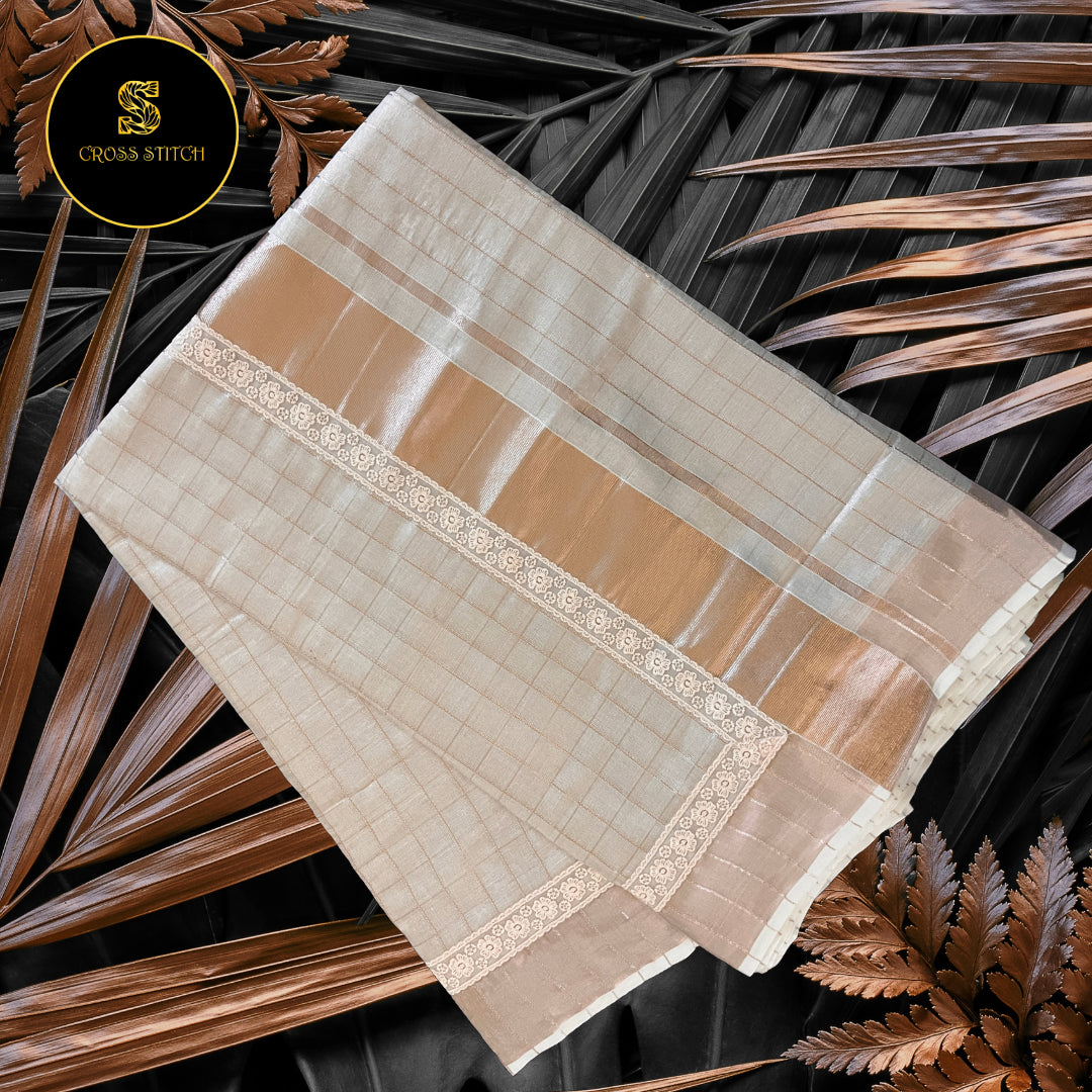 Traditional Kerala Kasavu Saree - Copper Gold Zari with Lace borders [Checks]