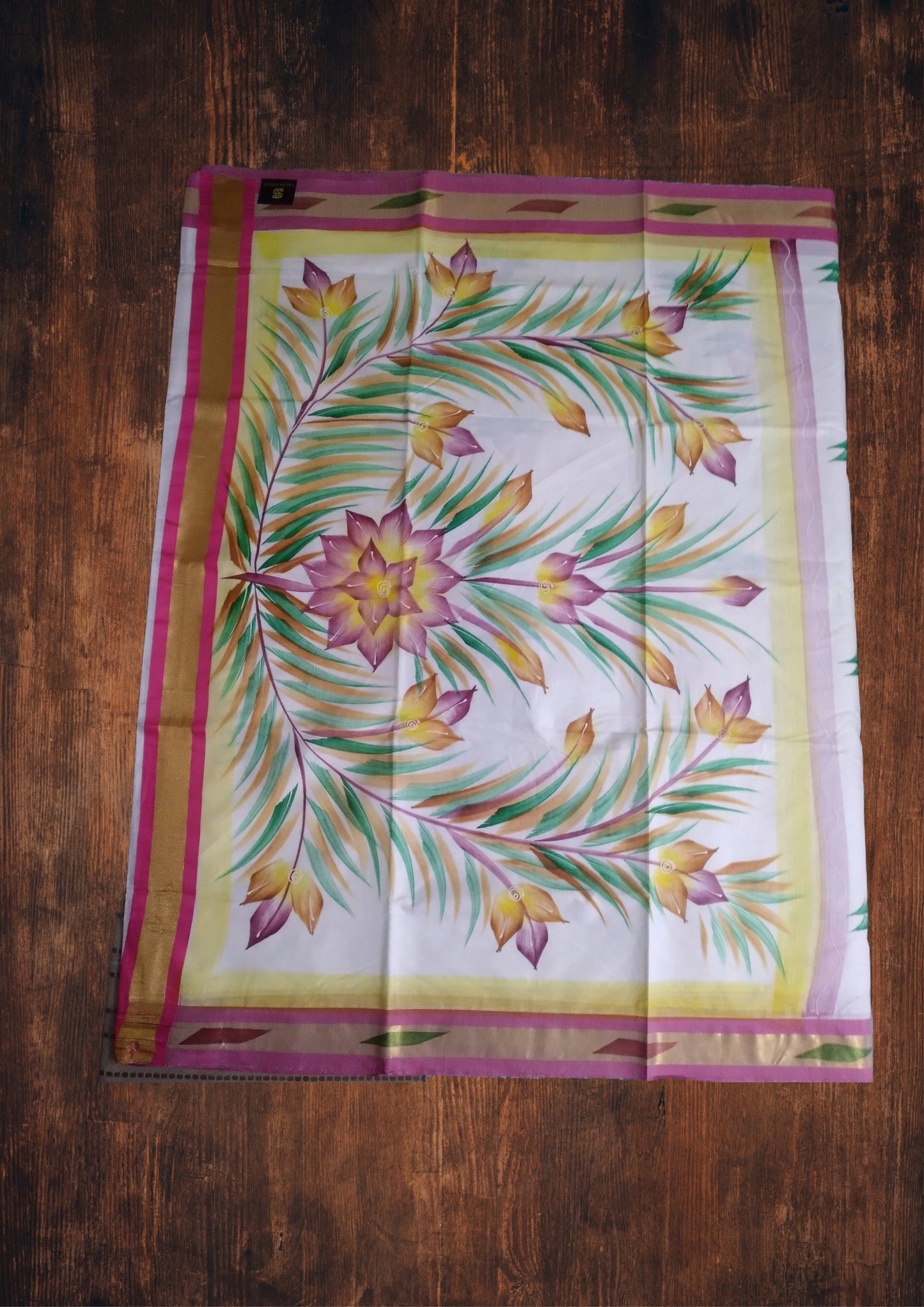 Sarees -Traditional Kerala kasavu  cotton saree with brush paint concept - Golden Zari